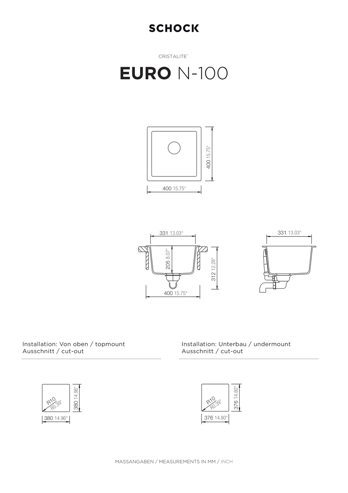 حوض مطبخ شوك Euro N-100، لون كروما