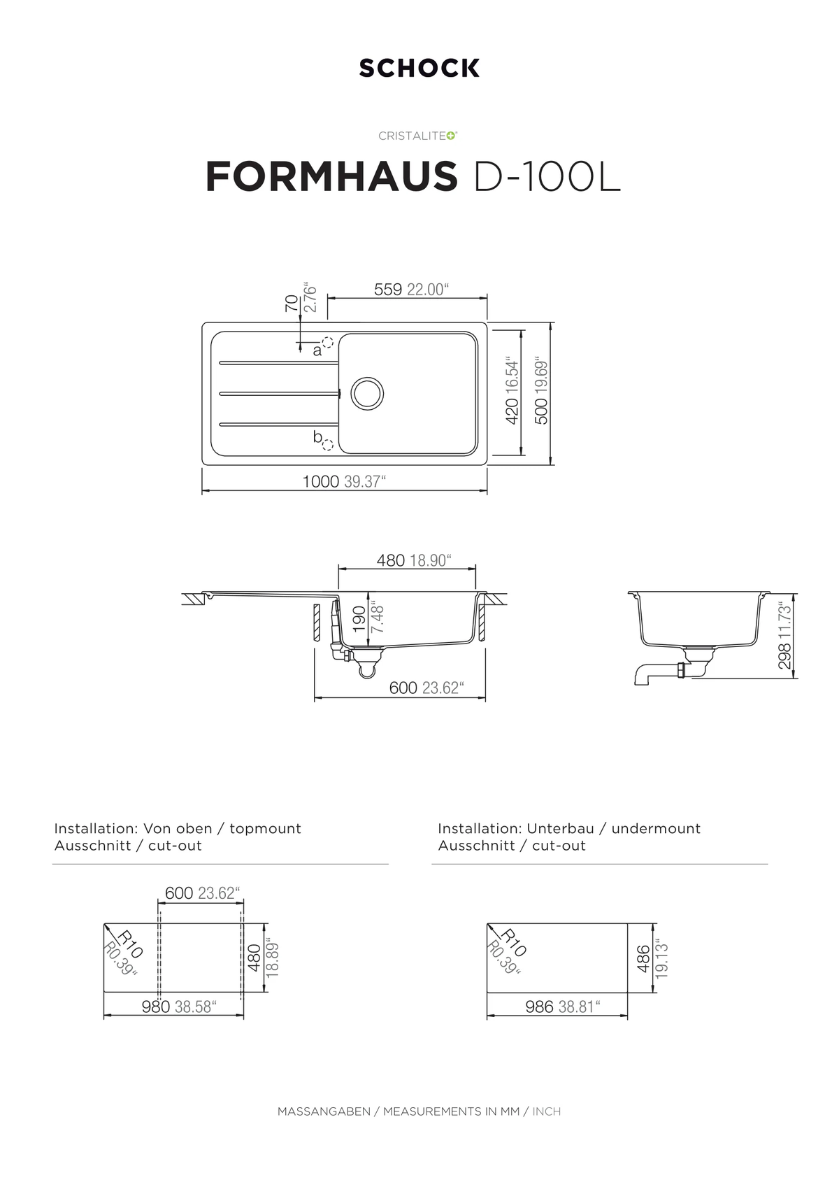 حوض مطبخ شوك Formhaus D-100L، لون نيرو