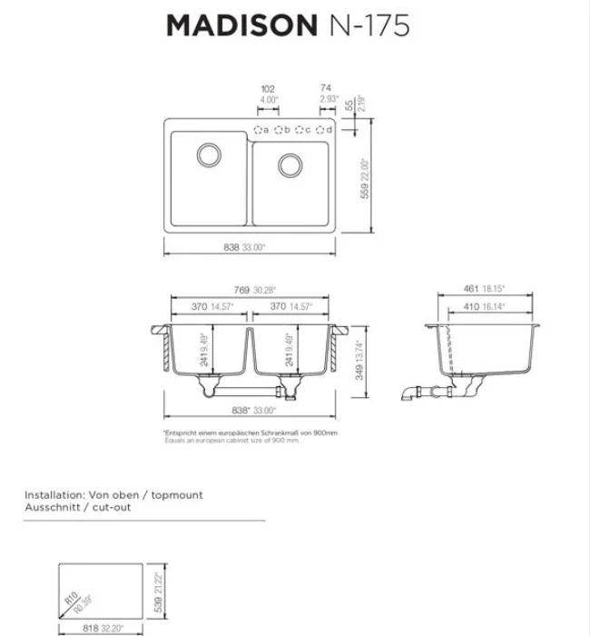 حوض مطبخ شوك Madison N-175، لون نيرو
