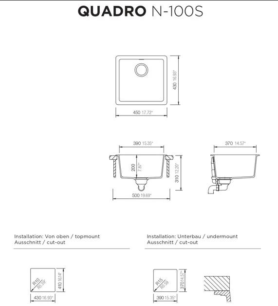حوض مطبخ شوك Quadro N-100S، لون نيرو